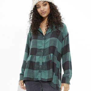 NWT American Eagle green & black buffalo plaid babydoll flannel peplum shirt xs
